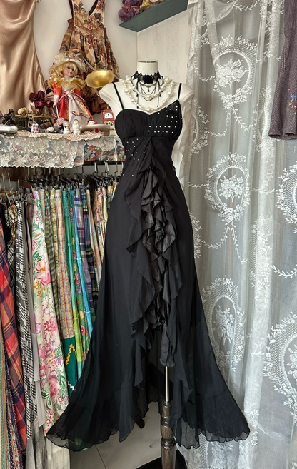 Vintage Prom Dresses 90s Ball Mermaid Spaghetti Straps Black Chiffon Long Party Dress Evening Dresses AU069