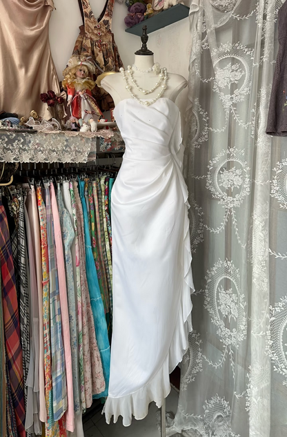 Vintage Prom Dresses 1950s Formal Retro Classy A line Irregular White Chiffon Evening Dress Long Prom Party Gown AU070
