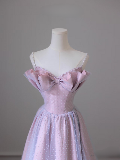 Classy A Line Spaghetti Straps Tulle Pink Pearls Long Prom Dresses Inspiration Trending Prom Gowns Prom Dress AU071