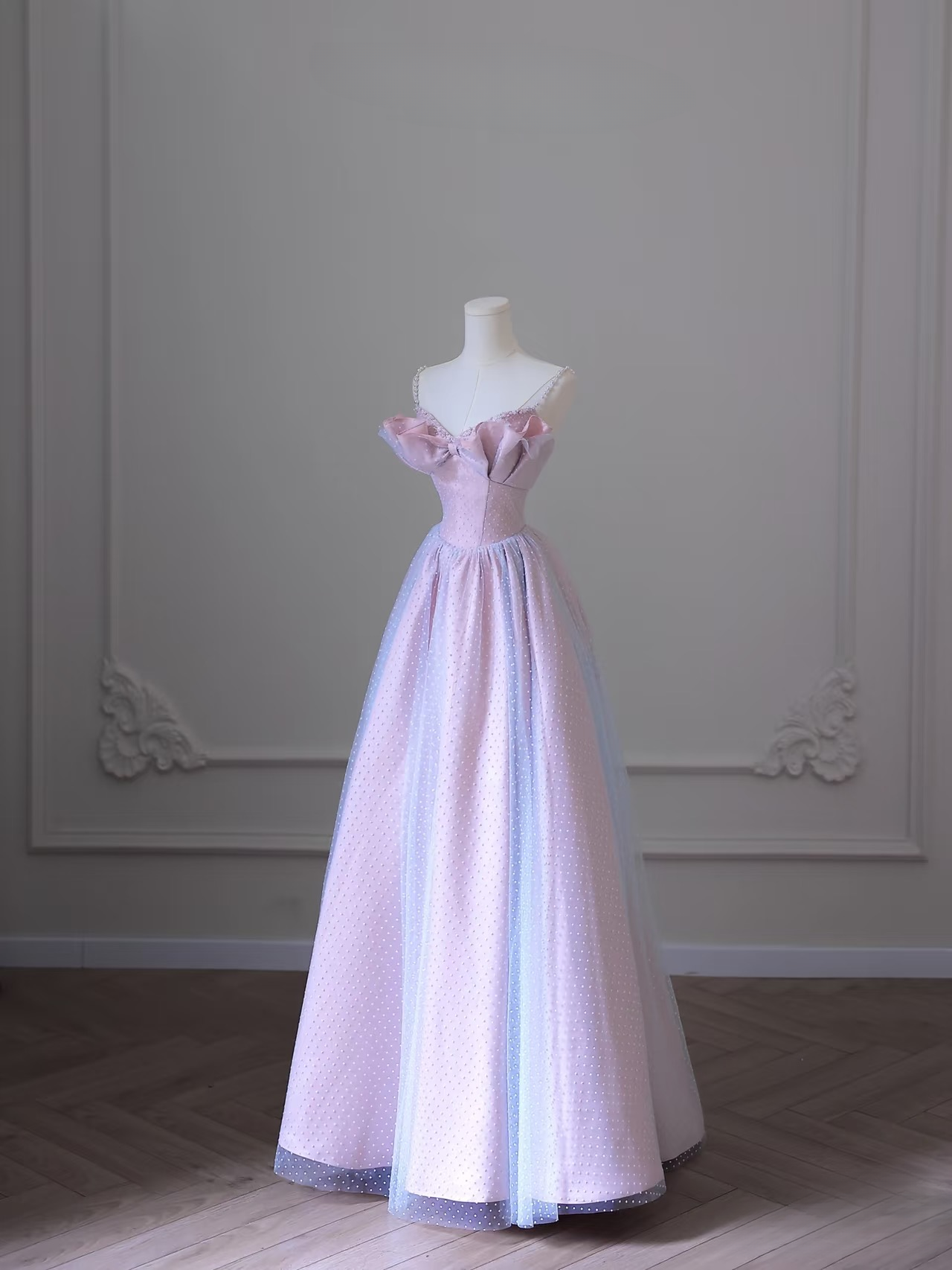 Classy A Line Spaghetti Straps Tulle Pink Pearls Long Prom Dresses Inspiration Trending Prom Gowns Prom Dress AU071