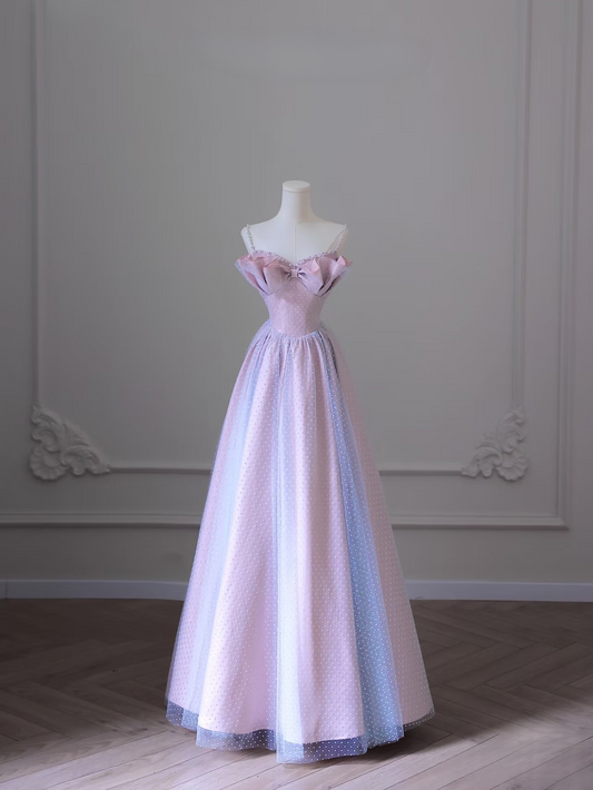 Classy A Line Spaghetti Straps Tulle Pink Pearls Long Prom Dresses Inspiration Trending Prom Gowns Prom Dress AU071
