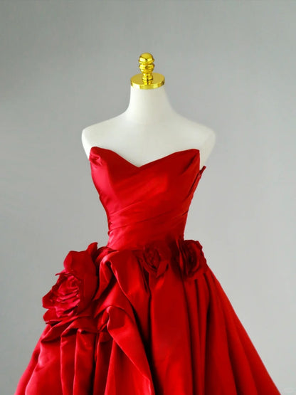 Charming Ball Gown Sweetheart Red Satin Long Prom Dresses Flower Prom Gowns AU071