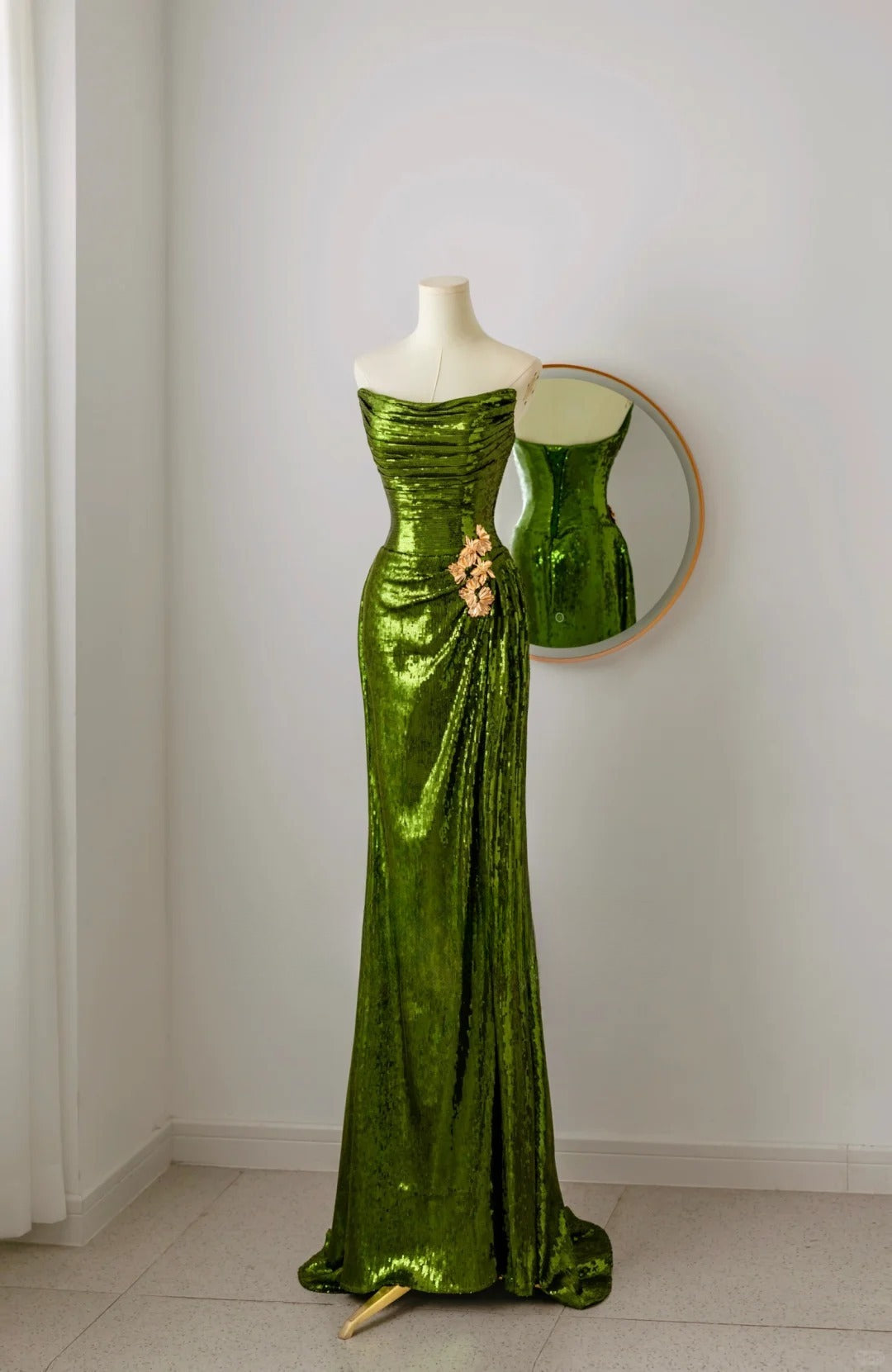 Unique Mermaid Strapless Green Sequin Prom Dresses Long Party Dress 20th Birthday Outfits Formal Gown AU071
