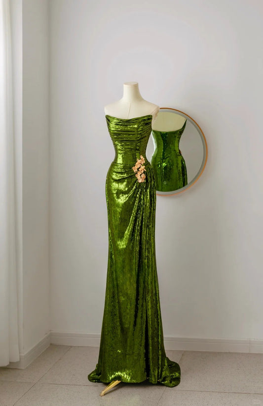 Unique Mermaid Strapless Green Sequin Prom Dresses Long Party Dress 20th Birthday Outfits Formal Gown AU071