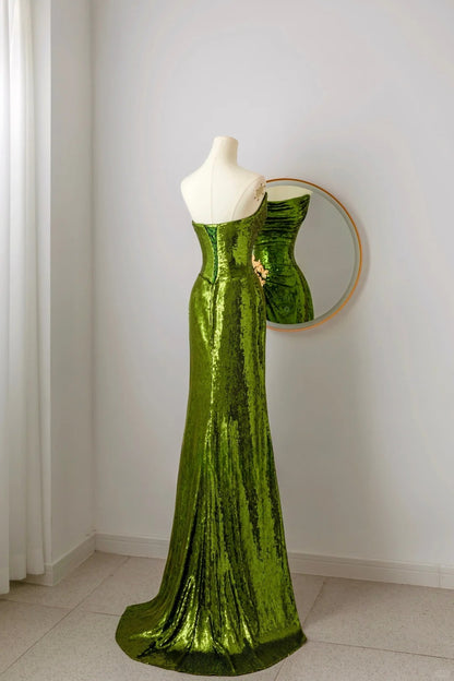 Unique Mermaid Strapless Green Sequin Prom Dresses Long Party Dress 20th Birthday Outfits Formal Gown AU071