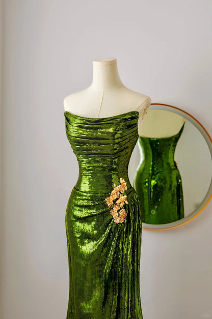 Unique Mermaid Strapless Green Sequin Prom Dresses Long Party Dress 20th Birthday Outfits Formal Gown AU071