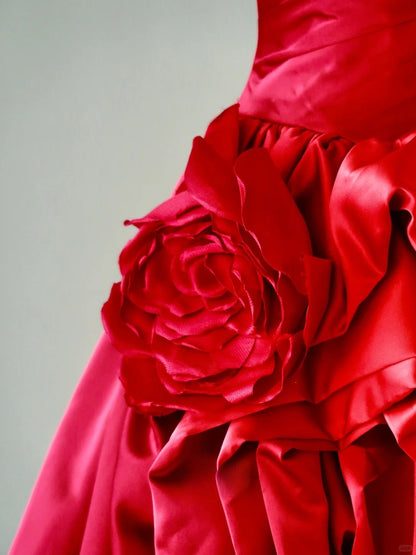 Charming Ball Gown Sweetheart Red Satin Long Prom Dresses Flower Prom Gowns AU071