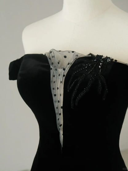 Simple Mermaid Off The Shoulder Black Velvet Cap Sleeves Prom Dresses Long Prom Gowns AU072