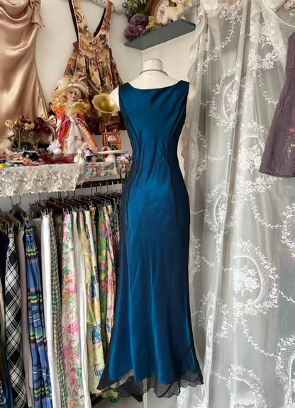 Vintage Prom Dresses 90s Ball Mermaid Cowl Neck Navy Blue Silk Satin Long Party Dress Evening Dresses AU073