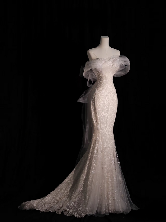 Dreamy Mermaid Off The Shoulder Sequin White Long Wedding Dress Fairy Formal Wedding Dresses AU075