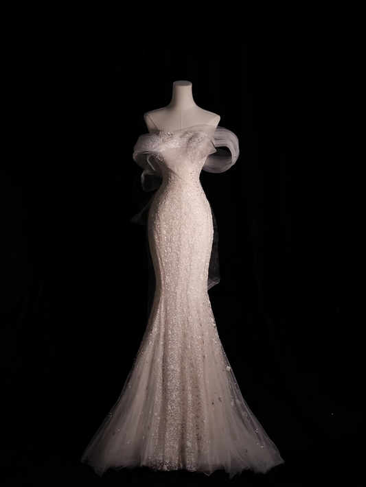 Dreamy Mermaid Off The Shoulder Sequin White Long Wedding Dress Fairy Formal Wedding Dresses AU075