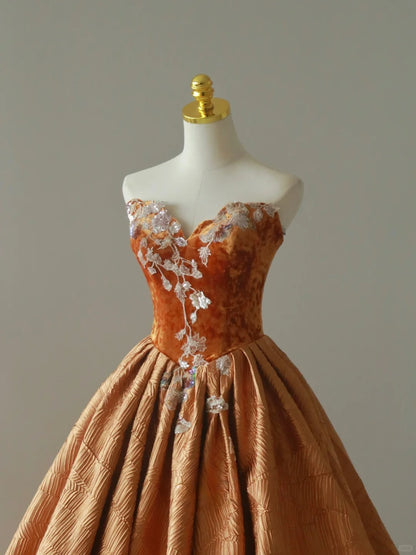 Beautiful Ball Gown Sweetheart Velvet Long Prom Dresses Appliques Prom Gowns AU051