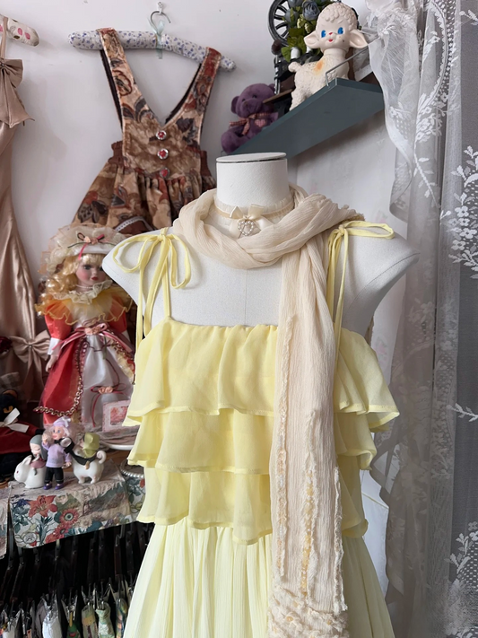 Vintage Prom Dresses 1950s Formal Retro Classy A line Spaghetti Straps Chiffon Yellow Evening Dress Long Prom Party Gown AU076