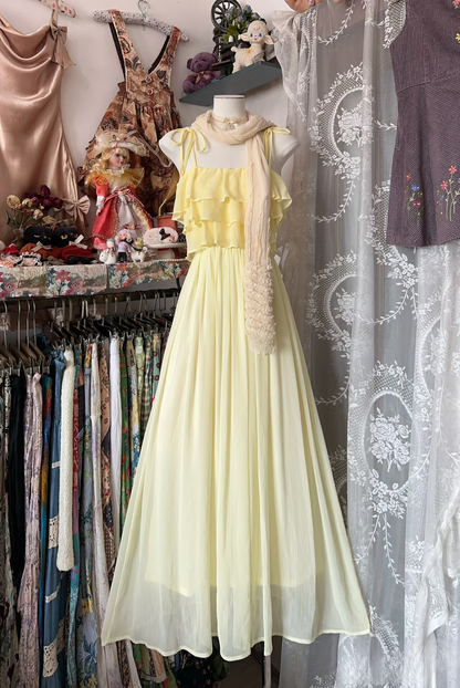 Vintage Prom Dresses 1950s Formal Retro Classy A line Spaghetti Straps Chiffon Yellow Evening Dress Long Prom Party Gown AU076