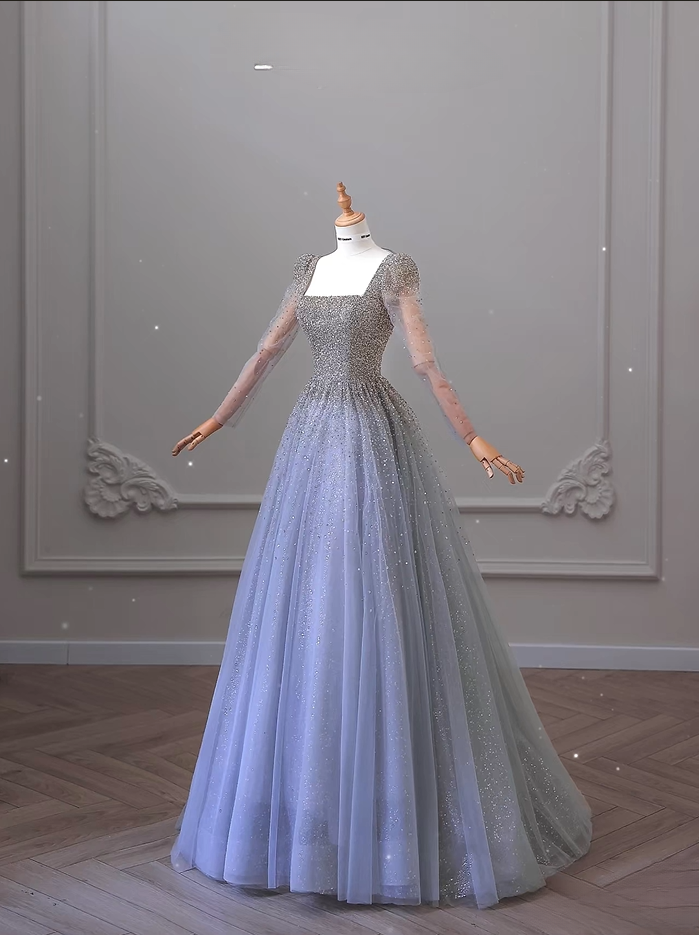 Elegant A Line Square Neck Tulle Sequin Long Sleeves Floor Length Prom Dress Inspiration Prom Dresses AU077