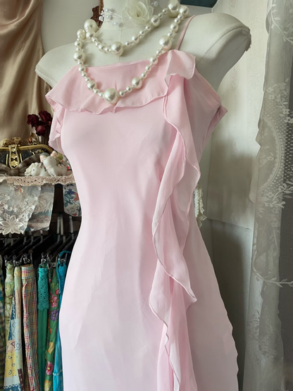 Vintage Prom Dresses 1950s Formal Retro Classy Sheath Spaghetti Straps Chiffon Pink Evening Dress Prom Party Gown AU077