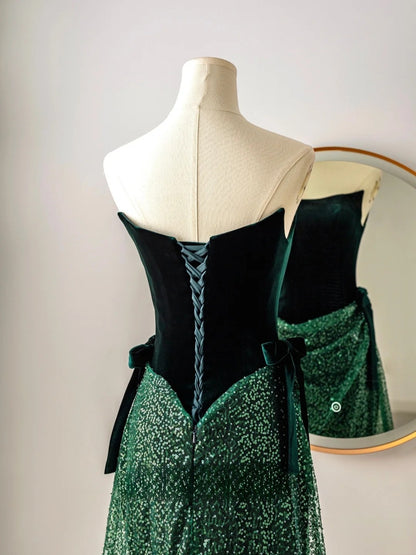 Unique Mermaid Strapless Dark Green Sequin Prom Dresses Long Party Dress 20th Birthday Outfits Formal Gown AU077