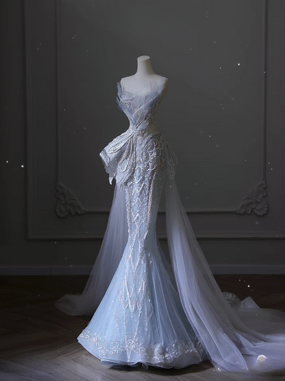 Dreamy Mermaid Sweetheart Light Sky Blue Sequin Lace Long Wedding Dress Fairy Formal Wedding Dresses AU079