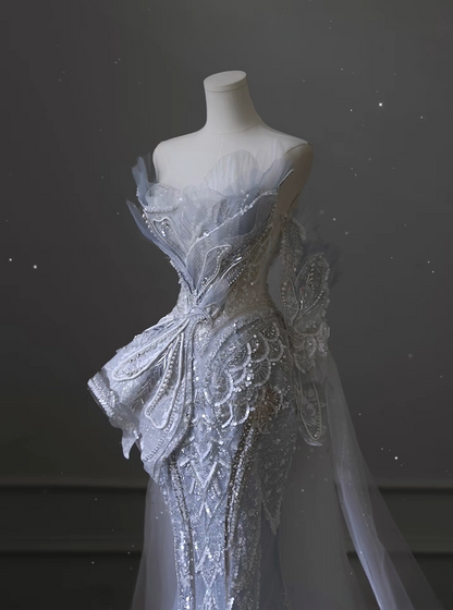 Dreamy Mermaid Sweetheart Light Sky Blue Sequin Lace Long Wedding Dress Fairy Formal Wedding Dresses AU079