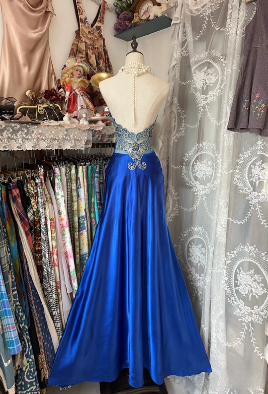 Vintage Prom Dresses 1950s Retro Classy Mermaid Halter Royal Blue Long Party Dress With Beads Evening Dresses AU079