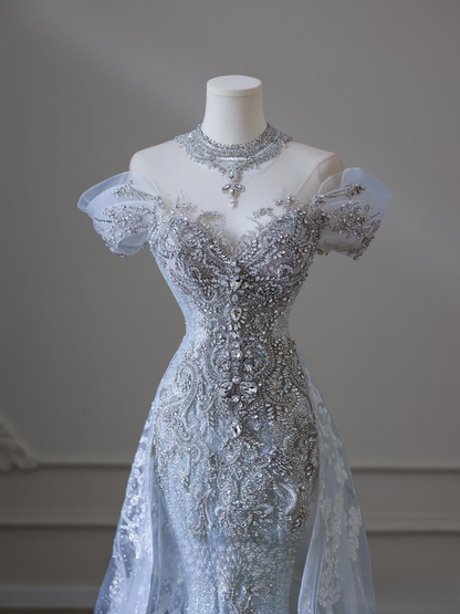 Dreamy Mermaid Off The Shoulder Light Sky Blue Sequin Lace Long Wedding Dress Fairy Formal Wedding Dresses AU080