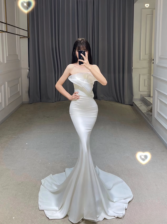 Simple Mermaid Strapless White Satin Long Wedding Dress Fairy Formal Wedding Dresses A081