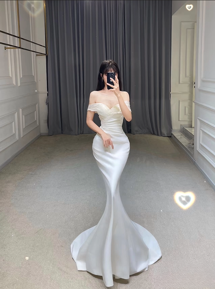 Simple Mermaid Off The Shoulder White Satin Long Wedding Dress Fairy Formal Wedding Dresses AU081