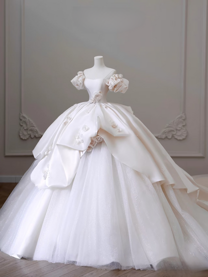 Dreamy Ball Gown Off The Shoulder Satin Short Sleeves White Long Flowers Wedding Dress Fairy Formal Wedding Dresses AU082