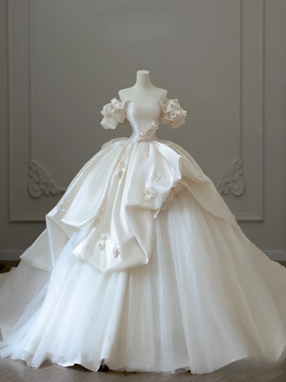 Dreamy Ball Gown Off The Shoulder Satin Short Sleeves White Long Flowers Wedding Dress Fairy Formal Wedding Dresses AU082