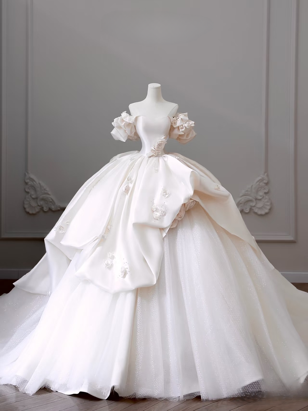 Dreamy Ball Gown Off The Shoulder Satin Short Sleeves White Long Flowers Wedding Dress Fairy Formal Wedding Dresses AU082