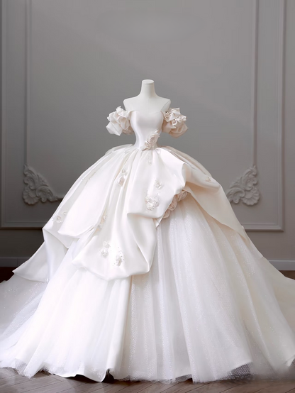 Dreamy Ball Gown Off The Shoulder Satin Short Sleeves White Long Flowers Wedding Dress Fairy Formal Wedding Dresses AU082