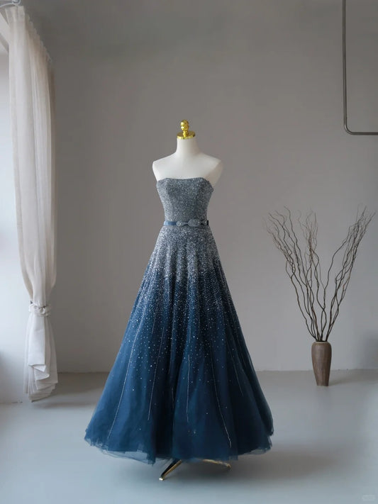 Charming Ball Gown Strapless Navy Blue With Silver Beads Tulle Sleeveless Prom Dresses Long Prom Gowns AU082