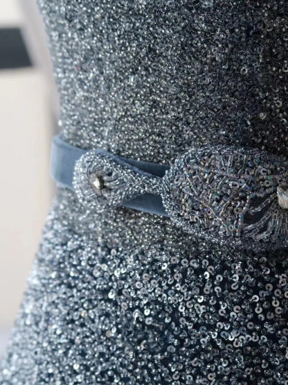 Charming Ball Gown Strapless Navy Blue With Silver Beads Tulle Sleeveless Prom Dresses Long Prom Gowns AU082
