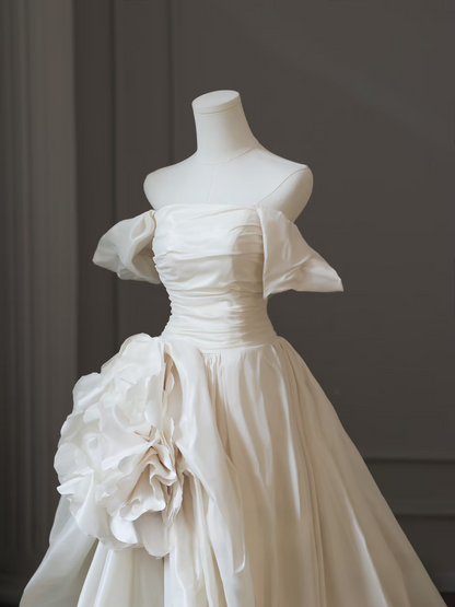 Simple High Low Off The Shoulder White Satin Long Wedding Dress Fairy Formal Wedding Dresses AU083