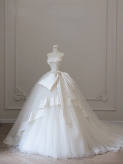 Dreamy Ball Gown Strapless Satin Tulle With Bow-knot White Long Wedding Dress Fairy Formal Wedding Dresses AU084