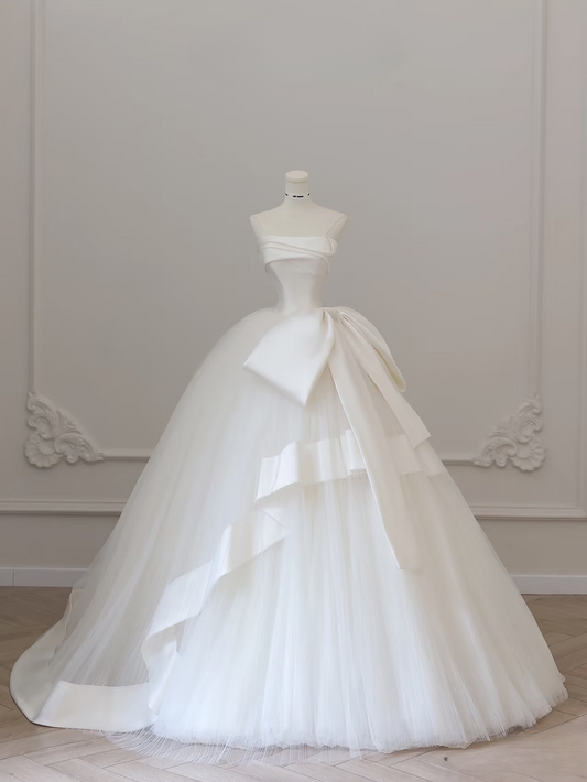 Dreamy Ball Gown Strapless Satin Tulle With Bow-knot White Long Wedding Dress Fairy Formal Wedding Dresses AU084