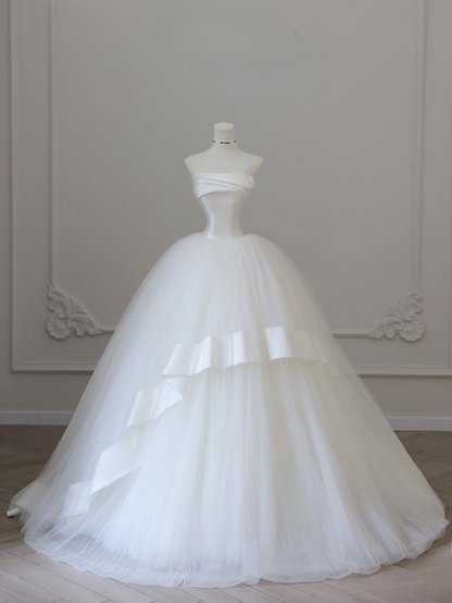 Dreamy Ball Gown Strapless Satin Tulle With Bow-knot White Long Wedding Dress Fairy Formal Wedding Dresses AU084