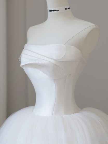 Dreamy Ball Gown Strapless Satin Tulle With Bow-knot White Long Wedding Dress Fairy Formal Wedding Dresses AU084