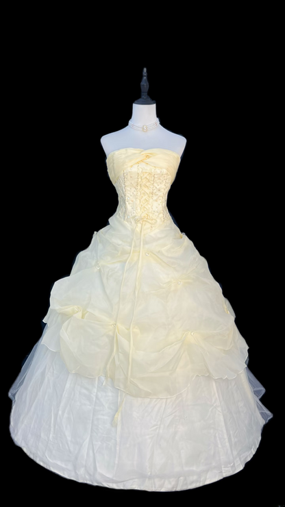 Vintage Ball Gown Strapless Yellow Tulle Prom Dresses Inspiration Formal Dress Party Outfits Prom Gown Ideas AU084