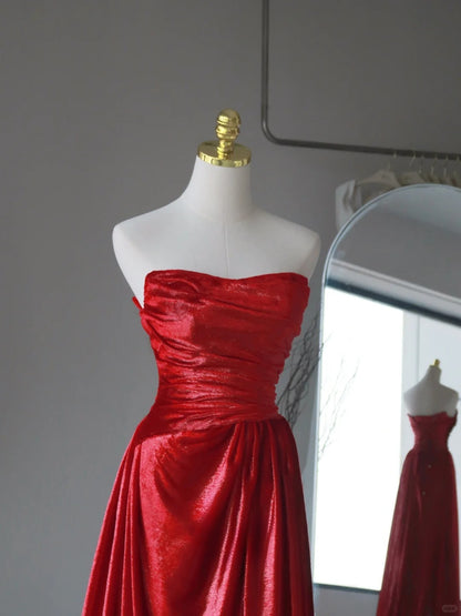 Charming A line Strapless Red Sequins Sleeveless Long Prom Dresses Pleated Prom Gowns AU084