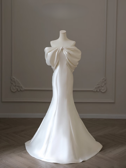 Classic Mermaid Strapless White Satin Long Wedding Dress Fairy Formal Wedding Dresses AU085