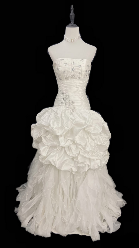 Vintage Mermaid Strapless Taffeta White Fitted Corset Long Wedding Dress Bride Gowns Wedding Dresses AU085