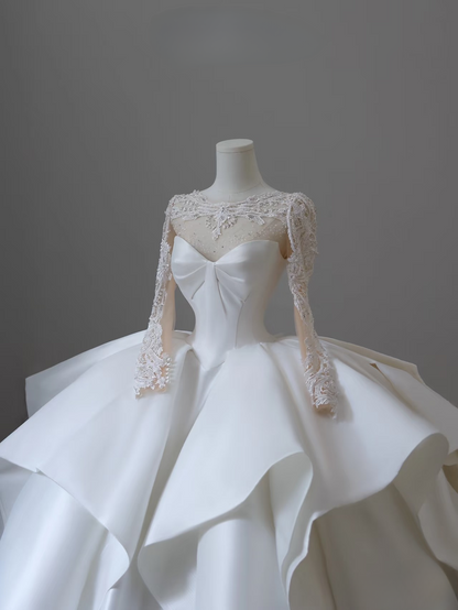 Dreamy Ball Gown Sweetheart Satin White Appliques Long Sleeves Wedding Dress Fairy Formal Wedding Dresses AU086