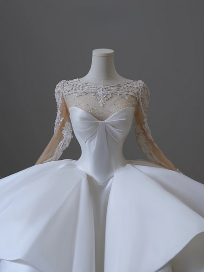 Dreamy Ball Gown Sweetheart Satin White Appliques Long Sleeves Wedding Dress Fairy Formal Wedding Dresses AU086