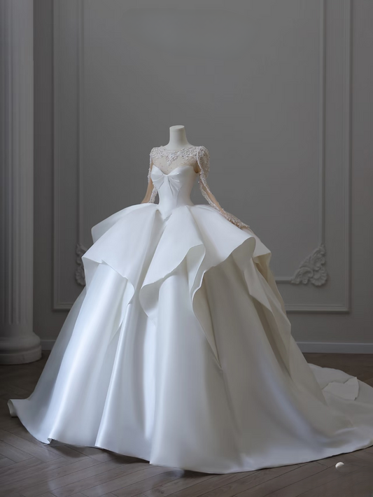 Dreamy Ball Gown Sweetheart Satin White Appliques Long Sleeves Wedding Dress Fairy Formal Wedding Dresses AU086