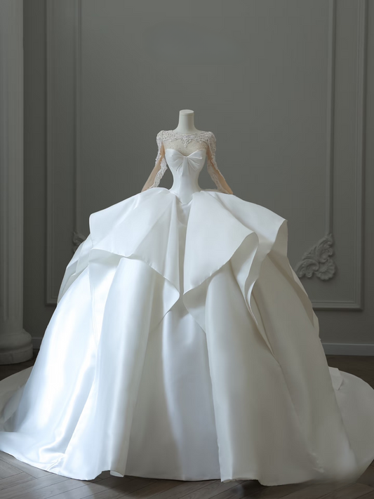 Dreamy Ball Gown Sweetheart Satin White Appliques Long Sleeves Wedding Dress Fairy Formal Wedding Dresses AU086