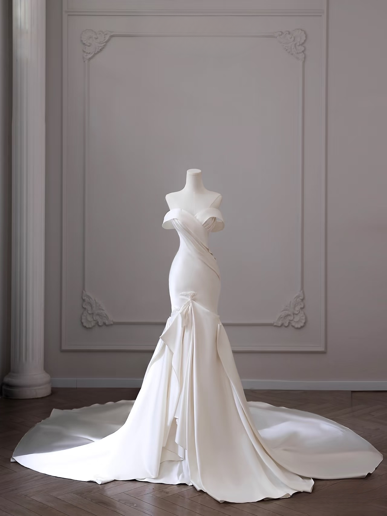 Classic Mermaid Off The Shoulder White Satin Short Sleeves Long Wedding Dress Fairy Formal Wedding Dresses AU087