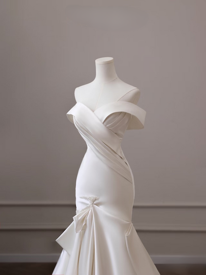 Classic Mermaid Off The Shoulder White Satin Short Sleeves Long Wedding Dress Fairy Formal Wedding Dresses AU087