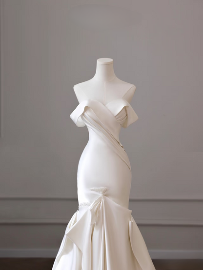 Classic Mermaid Off The Shoulder White Satin Short Sleeves Long Wedding Dress Fairy Formal Wedding Dresses AU087