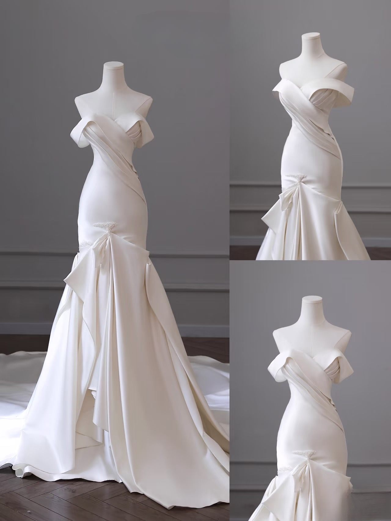 Classic Mermaid Off The Shoulder White Satin Short Sleeves Long Wedding Dress Fairy Formal Wedding Dresses AU087